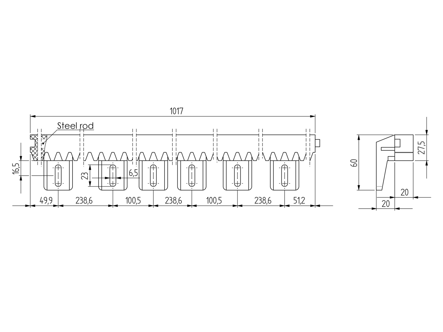 Listwa zębata PVC+Fe,27x20mm,L1m,max 700kg