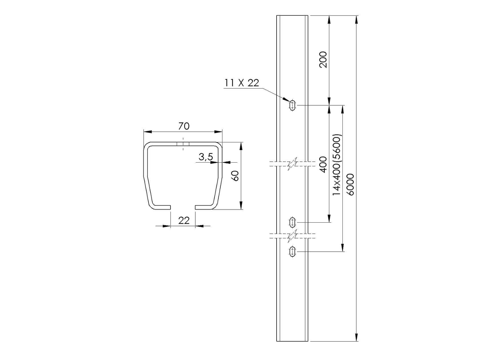 Profil prowadzący z otworami Zn, 70x60x3,5mm, L6m