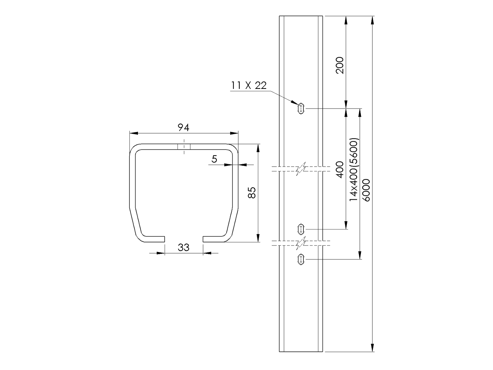 Profil prowadzący z otworami Zn, 94x85x5mm, L6m