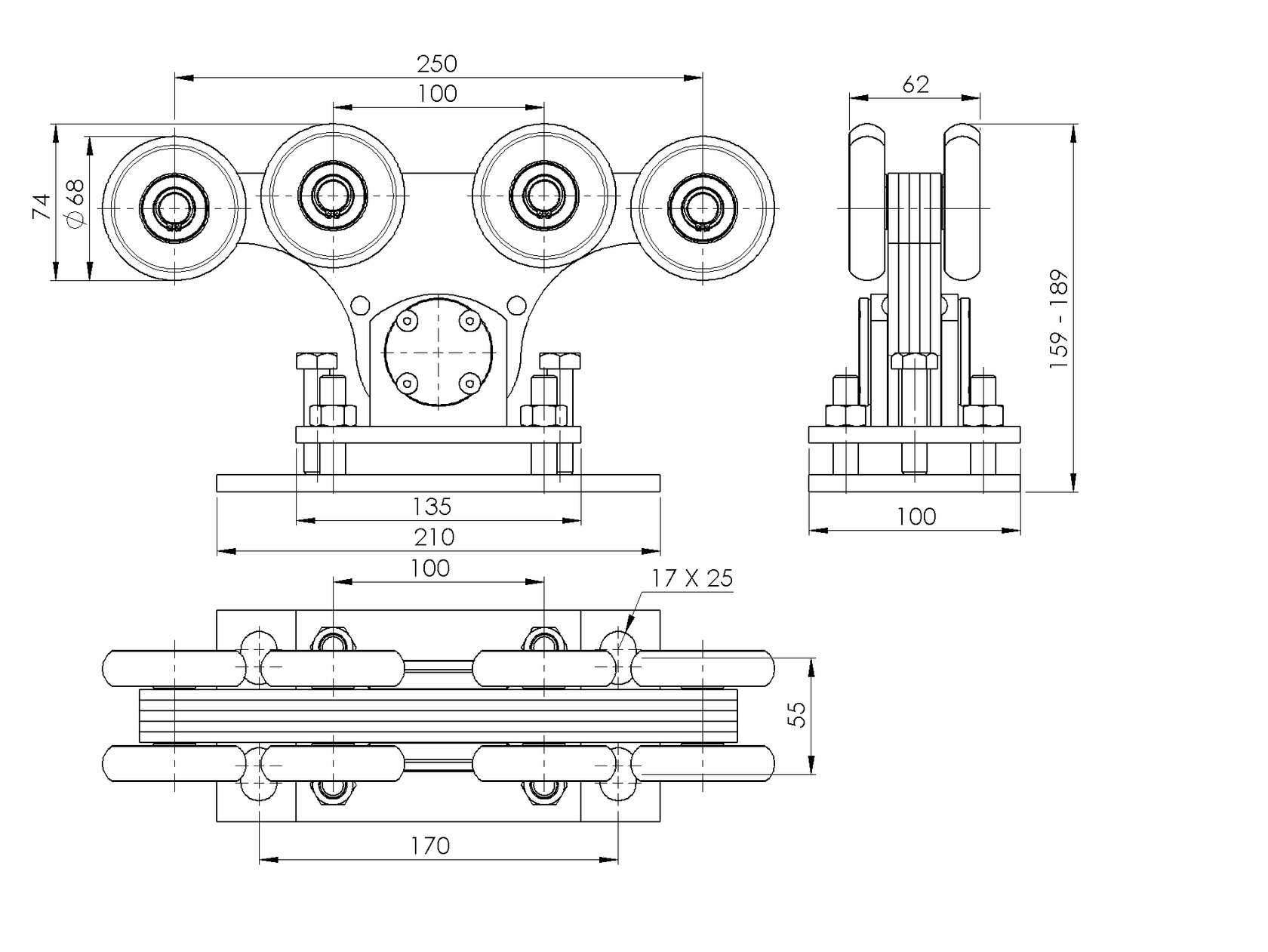 Wózek jezdny Zn+NYLON, profile 90x99mm