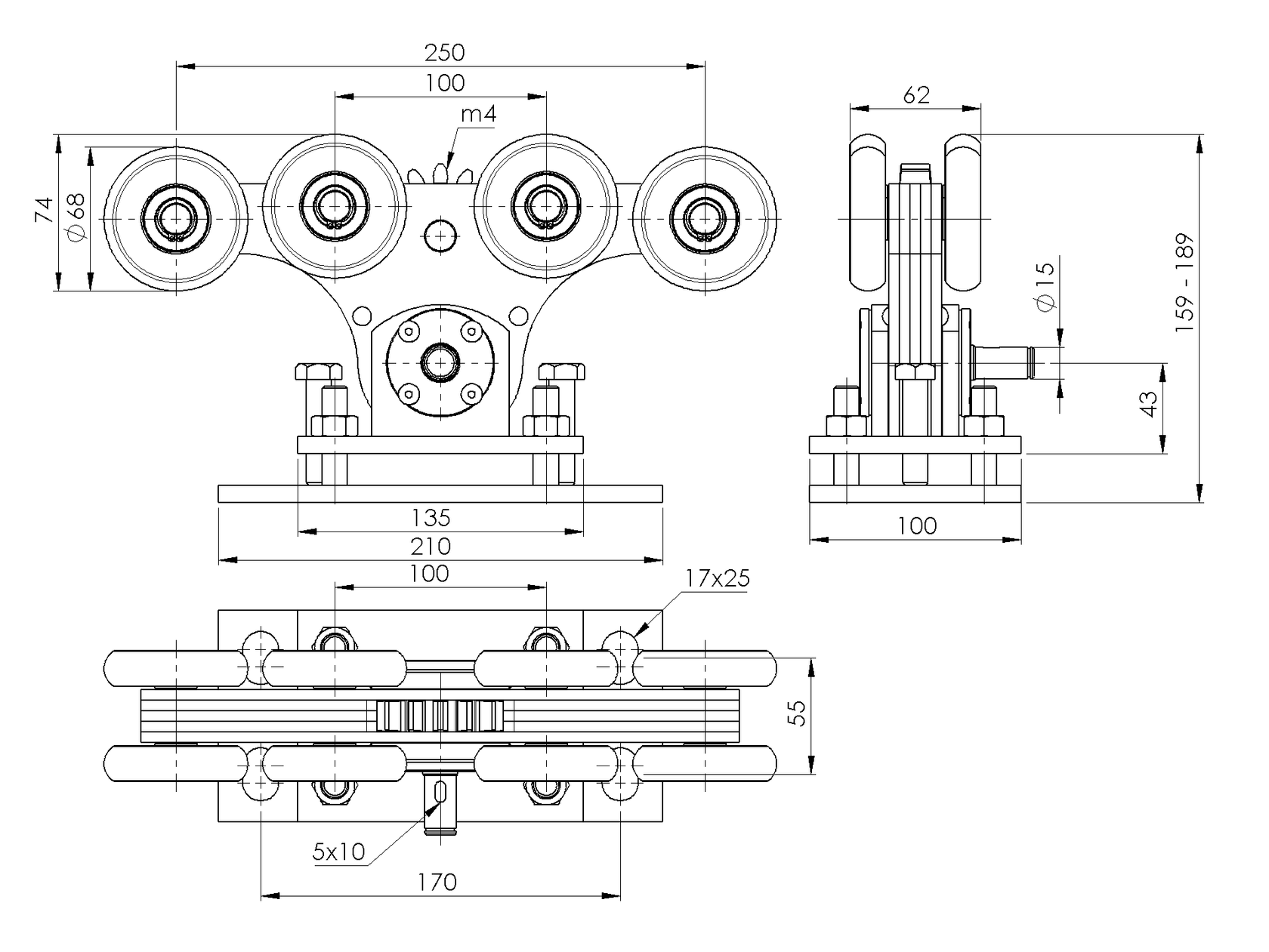 Wózek jezdny Zn+NYLON, profile 90x99mm