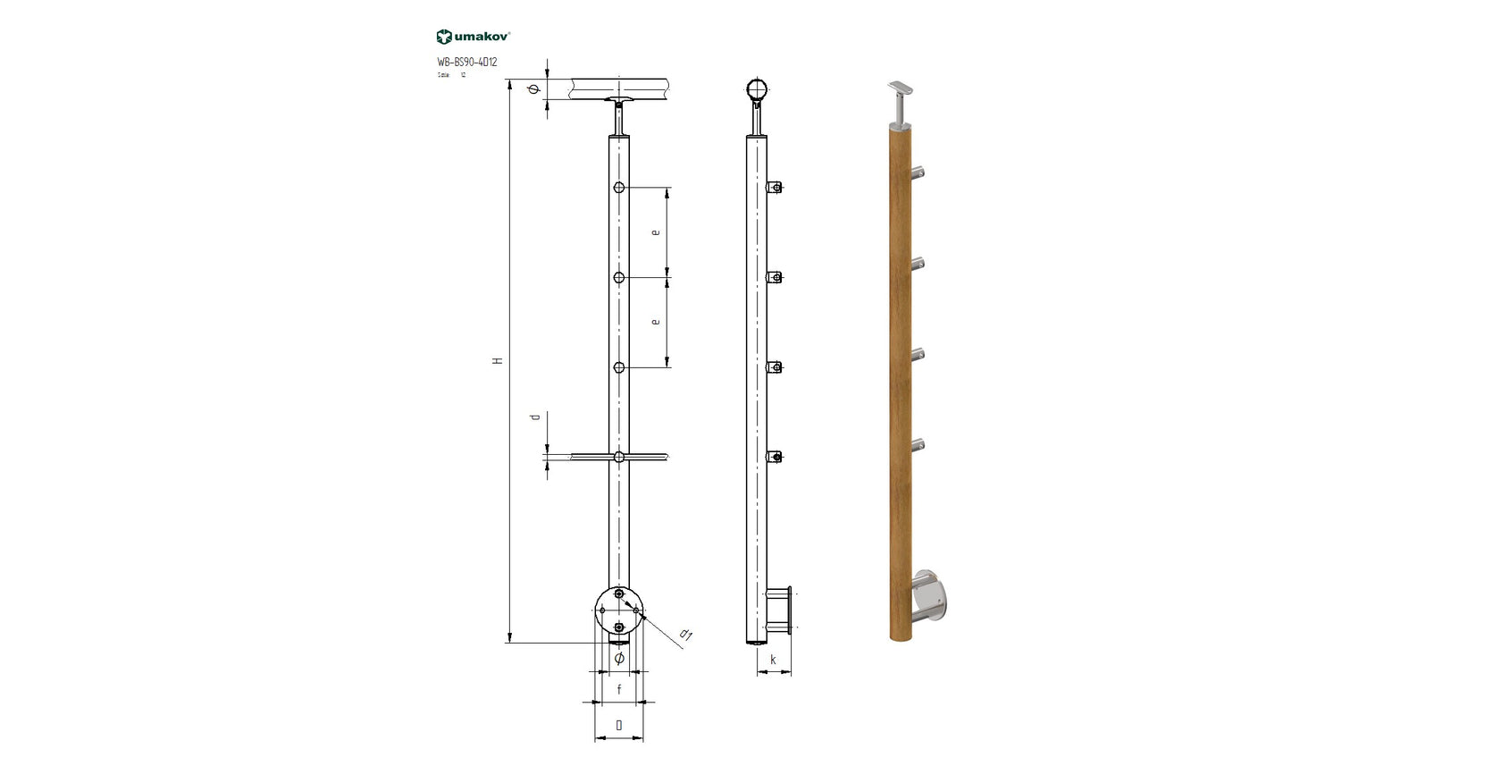 Drewniany słupek BUK(BEECH) D50mm, 4xd12mm, H900