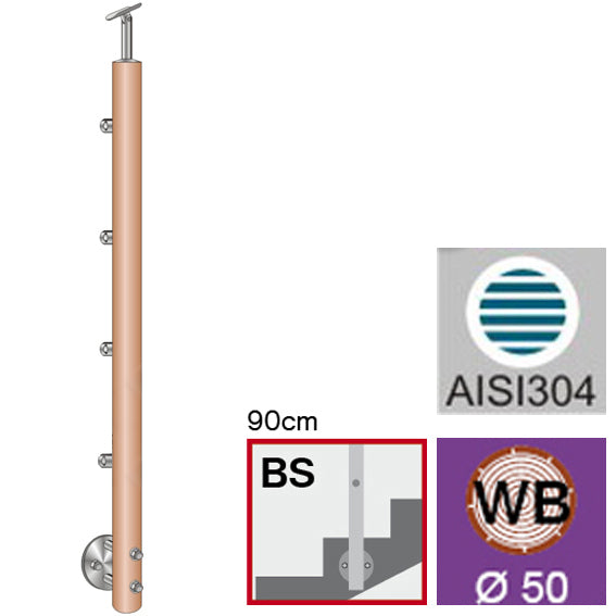 Drewniany słupek BUK(BEECH) D50mm, 4xd12mm, H900