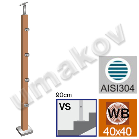 Drewniany słupek BUK(BEECH)JP40x40mm, 4xd12mm H900