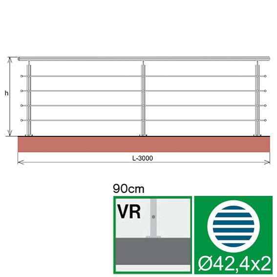 Balustrada nierdzewna AISI304, D42,4/4xd12/H900/L3
