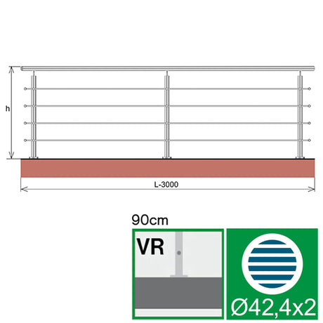 Balustrada nierdzewna AISI304, D42,4/4xd12/H900/L3