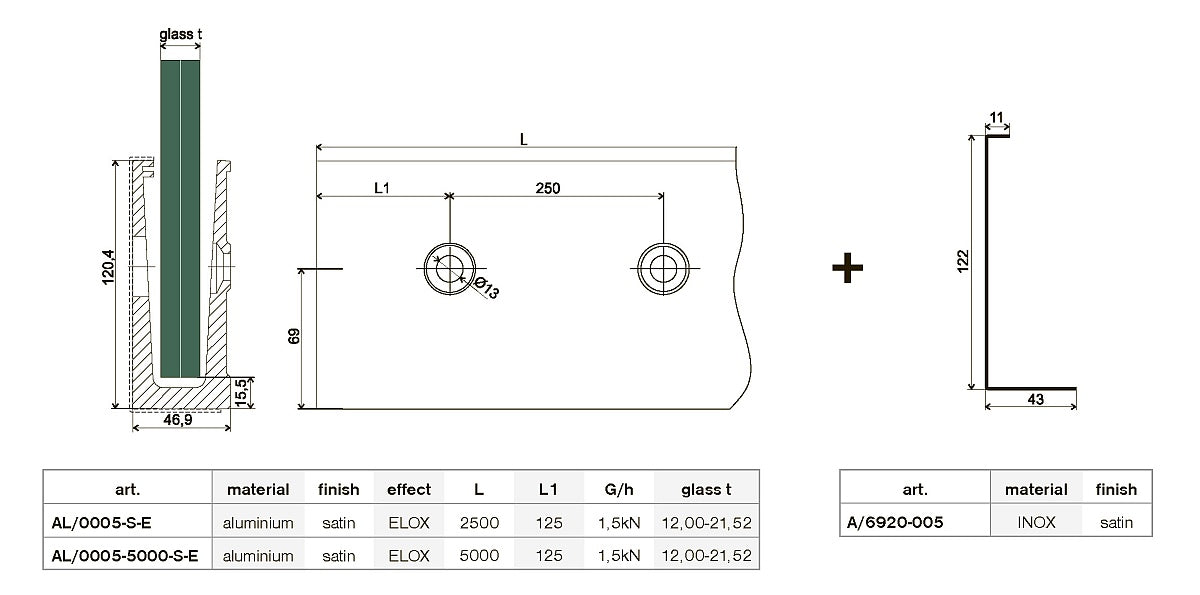 Mocowanie SL -szklo  122x43x2500 imitacia