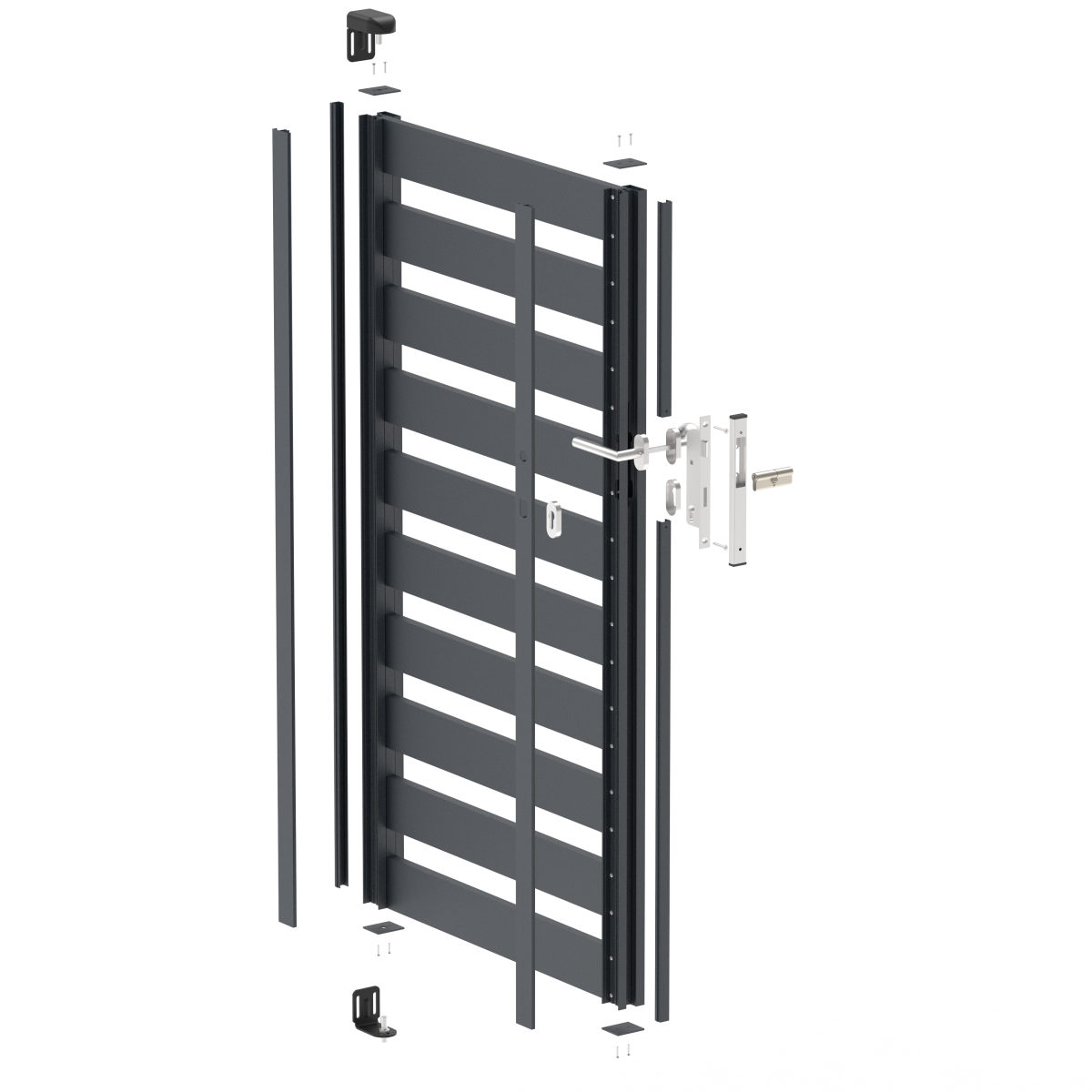 Jednoskrzydłowa brama aluminiowa 1,025x1,50m z wypełnieniem 20x100 R7016 - zestaw