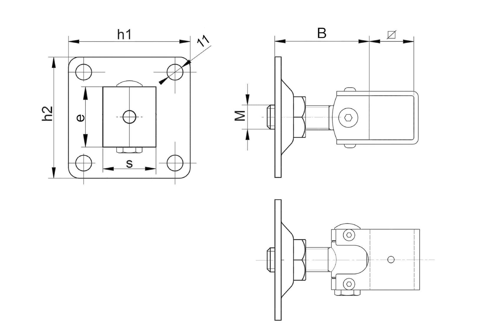 Zawias regulowany z płytką montażową Zn,M16, 80x80
