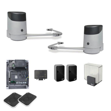 Nice napęd uchylny do bramy dwuskrzydłowej, komplet z fotokomórkam