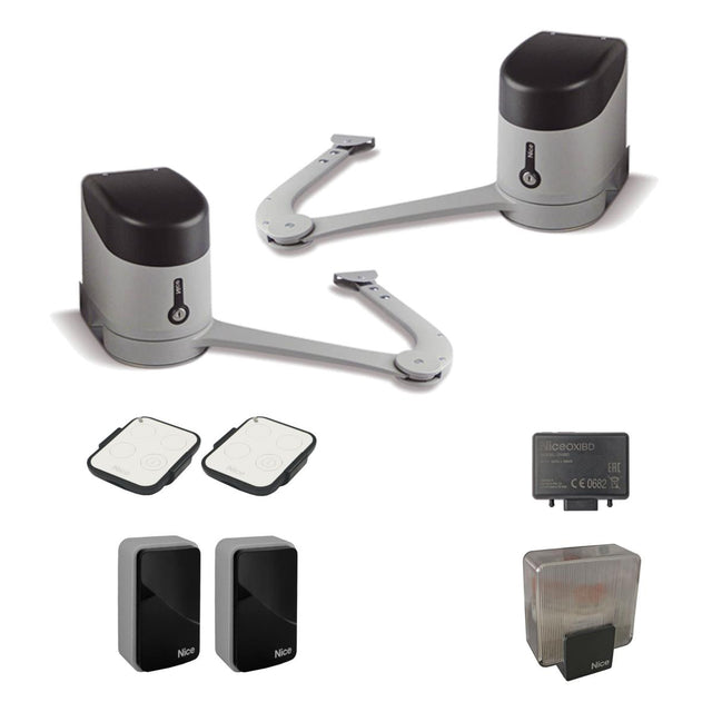 Nice napęd uchylny do bramy dwuskrzydłowej, komplet z fotokomórkami