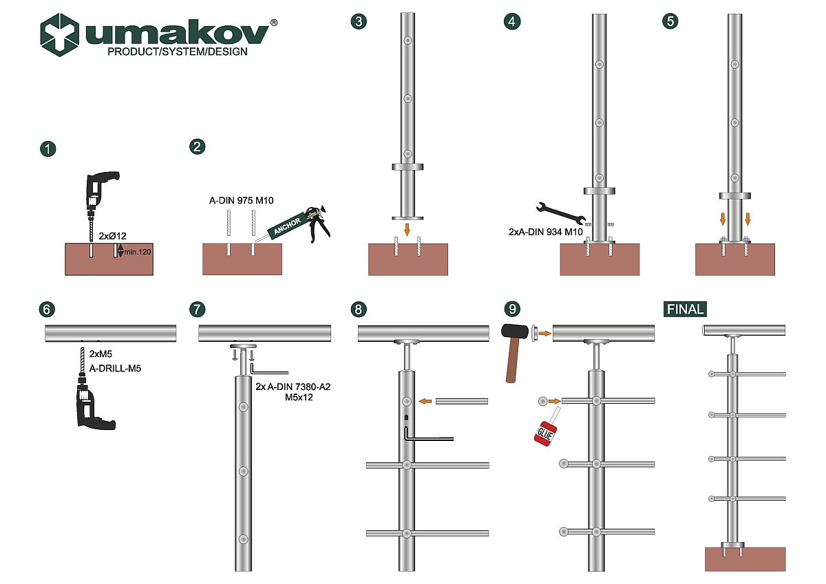 Balustrada nierdzewna AISI304, D42,4/4xd12/H900/L6